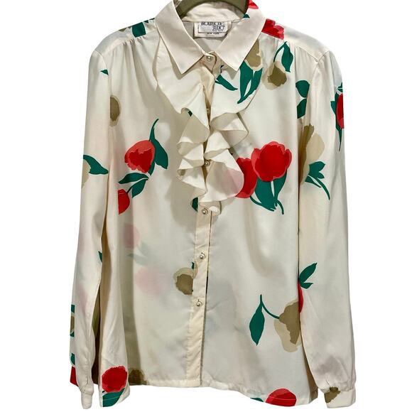 Vintage 70s Wilroy Traveler Brownstone Studio Ruffle Floral Button Collared Top - Picture 1 of 10